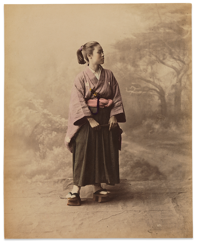 Young lady wearing hakama kimono mid 1870s